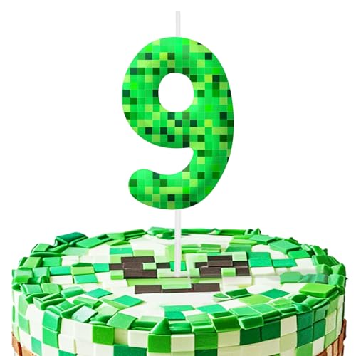 Green Pixel 9th Birthday Number Candles, Number 9 Candle Cake Topper Decorations for Green Pixel Game Themed Parties, Birthday Cake Candles for Boys Girls Kids Party Supplies