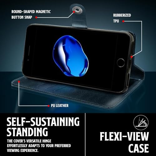 Image of WOW IMAGINE Shock Proof Flip Cover Back Case for Apple iPhone 7 Plus | 8 Plus (Designer Magnetic Button Flip Case | Inbuilt Wallet Pockets & Stand | Leather Finish | Oxford Blue)