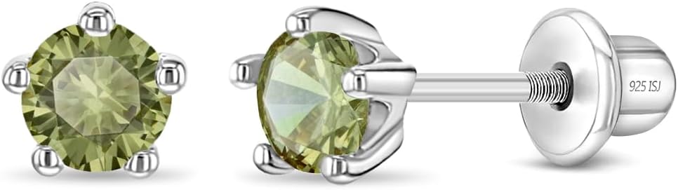 In Season Jewelry Solitaire Simulated Birthstone Kids Earrings - 925 Sterling Silver Hypoallergenic Earrings for Girls with Secure Screw Backs - Safe & Comfortable for Kids & Little Girls