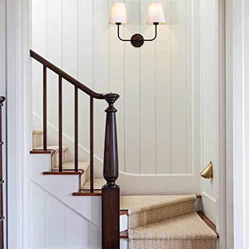 Image of PASSICA DECOR Hardwired 2 Light Modern Armed Wall Sconce with 2pcs Flared White Fabric Shade Double Sconce for Bathroom Vanity Living Room Hallway Stairway Fireplace Farmhouse