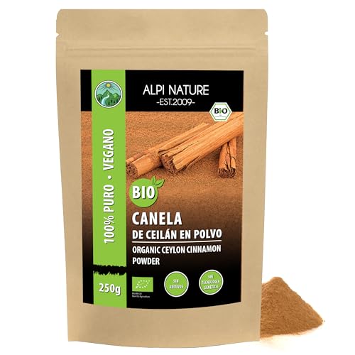 Canela de Ceilán orgánica (250g), Canela Ceylan, canela en polvo de cultivo orgánico controlado, sin gluten, sin lactosa, probada en laboratorio, vegana, canela 100% natural