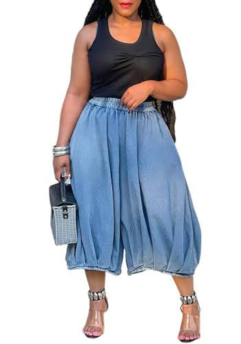 Famnbro Women's Baggy Capri Jeans High Waisted Stretch Cropped Harem Jeans Trendy Wide Leg Capri Pants