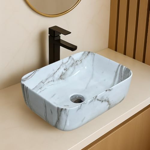 Image of Artiva Ceramic Wash Basin /Tabletop Washbasin For Bathroom,12 inchx16 inch /Small Countetop Bathroom Basin /Table Top Basin For Home,Office,Hotel /Rectangle Glossy Sink (Marble-White,12x16 Inch)
