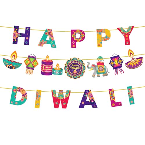 Happy Diwali Banners Decoration, Deepavali Candle Bunting Signs Indian Festival of Lights Paper Hanging Ornament Diya Rangoli Pennant Garlands Photo Booth Props for Diwali Party Supplies