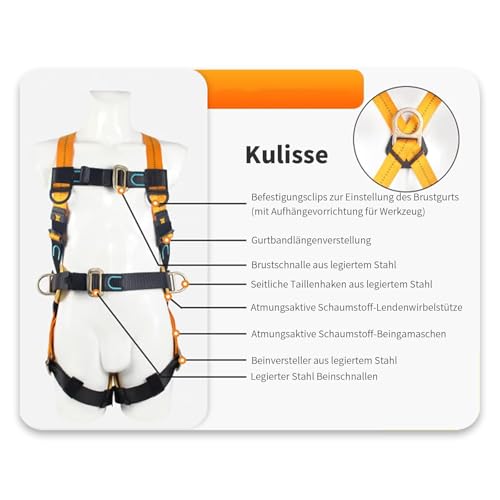 Magicbox Fallschutz Auffanggurt mit Verdickte Lendenwirbelstütze,180cm 150kg für Outdoor Baumklettern Bergsteigen Rettungsdienst Fallschutz Auffanggurt Absturzsicherung Sicherheitsgurt Set