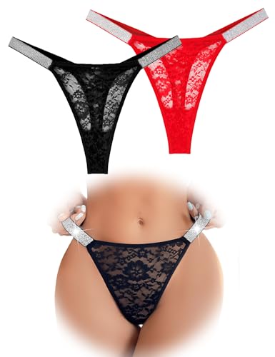 FULLJOYLOVE Femmes Dentelle Sexy Culotte Brillante Strass Paillettes Sangle G String Tangas Lingerie Culotte Brésilienne Rivets Sans Couture Sous-vêtements Bikini Bas, noir et rouge (lot de 2), L