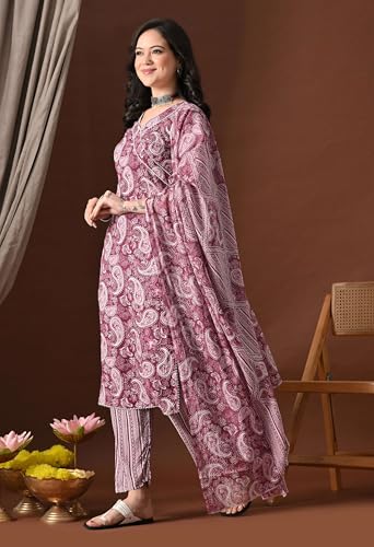 Image of Amazon Brand - Tavasya Women Cotton Anarkali Kurta Pant Dupatta Set | Printed Ethnic Suit Set | Flared Anarkali Kurta with Pant & Dupatta | Festive & Casual Wear