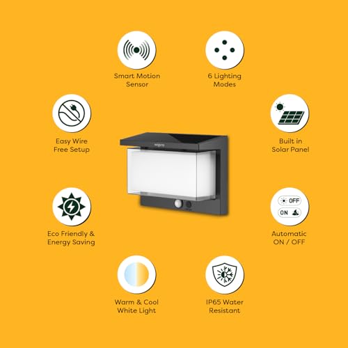 Image of Wipro Garnet Motion Sensor Solar Wall Light SW03 | 6 in 1 modes | Color Changing(Warm & Cool White) | Auto ON (Night) & OFF (Day) | IP65 | Outdoor Light for Home, Balcony, Patio, Stairs, Garden | Pk 1