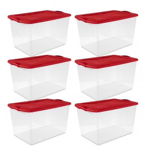 Image of Storage Bins 66 Qt Clear Latching Lid Stackable 6 Pack Red