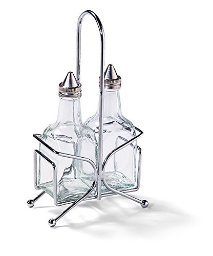 Tablecraft H600N2 La Moderna Salad Dressing Set of Glass Stainless Steel Tops Chrome Plated Rack (6 Pack), 6 oz, Green
