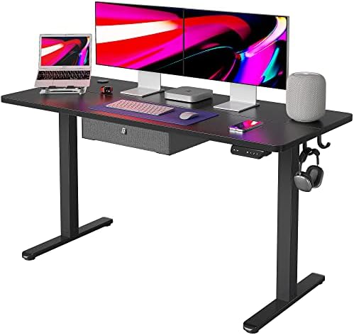 FEZIBO Height Adjustable Electric Standing Desk, 100 * 60cm Stand up Table, Sit Stand Home Office Desk with Splice Board, Black Frame/Black Top