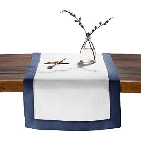 O'lucio Linen Table Runner - Navy Blue and White 14 x 90 inch - Hemstitch Runners for Christmas, Winter Holidays - Natural Fabric, French Flax Cover