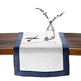 O'lucio Linen Table Runner - Navy Blue and White 14 x 90 inch - Hemstitch Runners for Christmas, Win