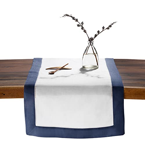 O'lucio Linen Table Runner - Navy Blue And White 14 X 90 Inch - Hemstitch Runners For Christmas, Winter Holidays - Natural Fabric, French Flax #TOP17