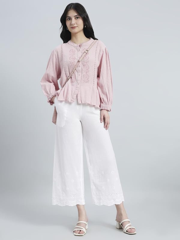Image of GO COLORS Women Cotton Hakoba Wide Pant Ankle Length, Floral Embroidery, Relaxed Fit, Mid-Rise with Side Pocket