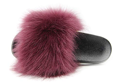 Image of Big Faux Fur Slides, Furry Slippers for Women Fuzzy Fluffy Sandals Shoes