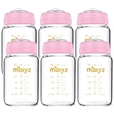 Matyz Glass Breastmilk Storage Containers, 6 Pack, 6 oz bottle, Compatible With Spectra Medela Philips Pump - Freezer Safe Storage Bottles Set - Leakproof Glass Baby Bottles - BPA Free (Pink Lids)
