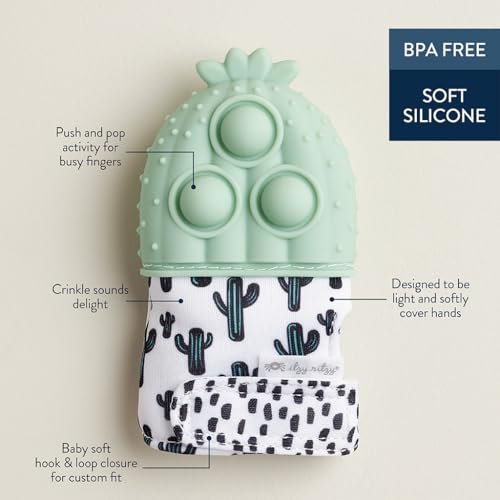 Image of Itzy Ritzy Silicone Teething Mitt - Soothing Infant Teething Mitten with Adjustable Strap, Crinkle Sound & Textured Silicone to Soothe Sore & Swollen Gums - for Ages 3 Months & Up (Cactus)