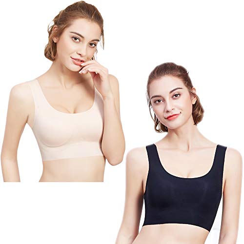 PRETTYWELL Sleep Bras, Seamless Wireless Invisible Thin Daily Bras, Comfy Soft Bras for Women, Leisure Everyday Bras for A to D Cup, with Removable Pads(Black+Nude L)