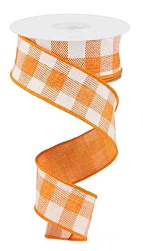 Plaid Check Wired Edge Ribbon - 10 Yards (Orange, White, 1.5")