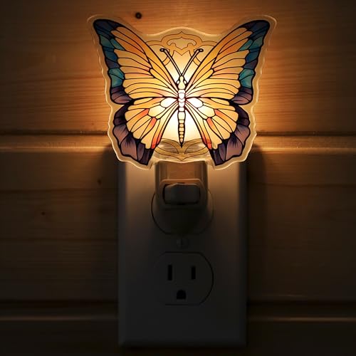 Image of Yellow Butterfly Night Light - Stained Glass Styled Plug-in Wall Light for Vertical Outlets - Real Glass, Warm Glow for Bedroom, Bathroom, Hallway - Gift for Butterfly Lovers