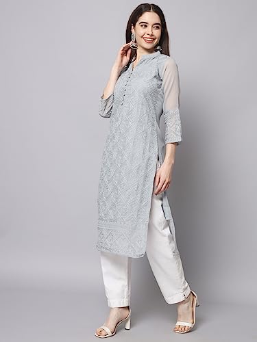 Image of Ekasya Women's Georgette Embroidered Work Kurta with Notch Neck 3 /4 Sleeves Straight Cut Calf Length | E1547