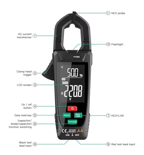 Multímetro de pinza digital FY382 con función True RMS, rango automático, medición de voltaje AC/DC, corriente AC, temperatura, capacitancia, ohmios y frecuencia miniatura 6