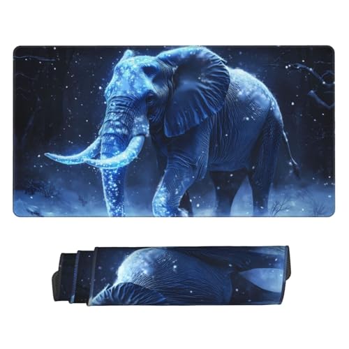 Large Gaming Mouse Pad - Frozen Night Elephant Rubber Base Desk Mat, Desk Pad with Stitched Edges, Mousepad for Laptop, PC Keyboard Mouse Mat for Work Game Office 16x29.5in