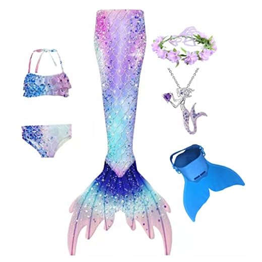 6Pcs Girls Swimsuits Mermaid Tail for Swimming Kids' Bikini Bathing Suit with Monofin(E408,5-6Years)