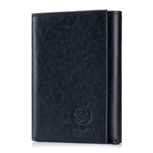 Image of Trifold Wallets for Men RFID Blocking Full Grain Leather Short Mens Wallet with Snap Closure, 8 Card Slots, Clear ID Window, Black