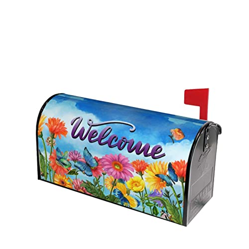Image of Spring Summer Welcome Flowers Mailbox Covers Magnetic Standard 21 inch x 18 inch Fluttering Butterflies Decoration Wrap Post Letter Box Cover for Home Garden Yard Outdoor Decor