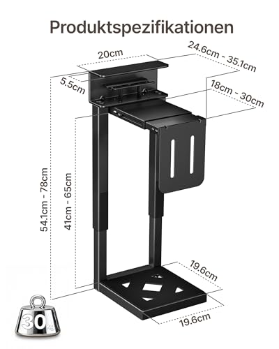 monTEK 30KG Heavy-Duty PC-Halterung unter Schreibtisch, Ohne Bohren montierbar, Verstellbare PC-Halterung mit Schutzpolstern, 16,1\-25,6\ Höhe, ideal für Büro, Zuhause, Klassenraum, Schwarz
