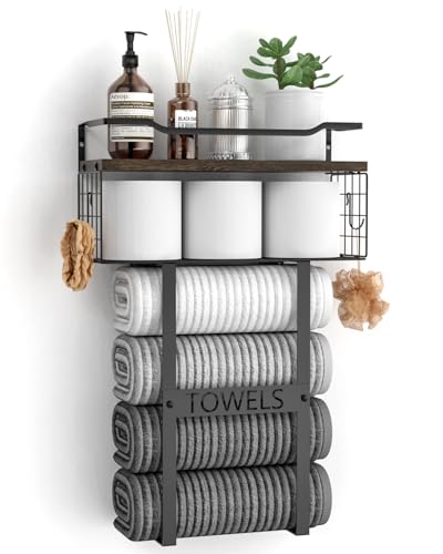 Rustic Brown Wood Vertical Towel Rack - Bath Wall Holder Set Above Toilet Storage, Rolled Towel Shelf Organizer for Small Bathrooms