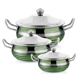 Hometronics Tool Touch Stainless Steel Dish Set Cookware Pot with lid, Set of 3 (750ml, 1100ml,1550ml) Induction Base…