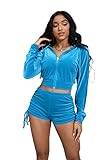 Women's Velour Sweatsuits Outfits zip up hoodies Crop Top Long sleeves shorts Sexy Velvet Tracksuit