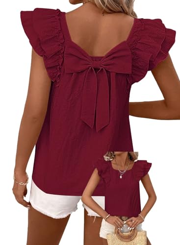 TUUHAW Top Damen Sommer Süße Oberteile Rundhals T-Shirt Kurzarm Bluse mit Rüschen Tunika Lässige Outfits Chiffon Puffärmel Rücken-Schleife Kleidung