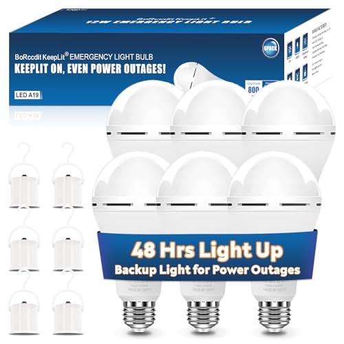 BoRccdit KeepLit 6 Pack Emergency Rechargeable Light Bulbs, 48H Long Lasting & 3 Brightness Battery...