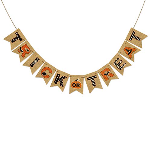 AVOIN Trick or Treat Banner No DIY Required Chevron Polka Dot Spider Web Bat Pumpkin Witch Hat, Rustic Pennant Decoration for Halloween Party Doorway Mantels Wall