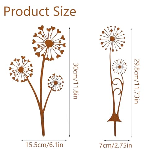 KERYBW 2 Stück Gartendeko Rost Pusteblume, Gartendeko für Draußen Wetterfest, Gartenstecker Metall Set für Deko Frühling Outdoor Vintage Garten Terrasse Balkon Blumentopf