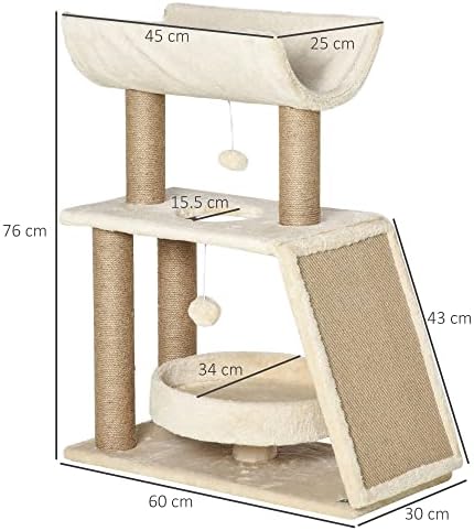 PawHut Cat Tree for Indoor Cats with Scratching Posts Pad, Kitten Tower with Bed Perch Ball Toy, 60 x 30 x 76 cm, Light Brown