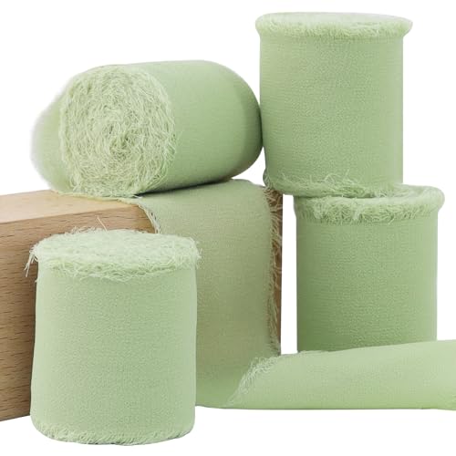 TONIFUL 4 Rolls 1-1/2 Inch Sage Green Lime Green Chiffon Silk Ribbon 22yds Handmade Fringe Chiffon Ribbons Set for Wedding Invitations, Bridal Bouquets, Gifts Wrapping, Christmas (sage, 22yds, 1.5") by TONIFUL - Used condition - US$8.58