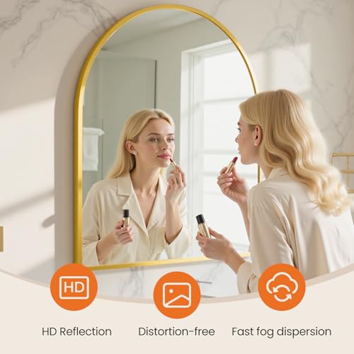 Image of Sweetcrispy 31 inchx32 inch Arched Gold Bathroom Mirrors for Wall, Bathroom Mirrors for Over Sink, Metal Framed with HD Shatter-Proof Glass for Entryway, Living Room, Bedroom
