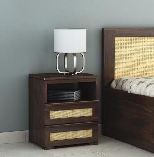 Image of Sheesham Wood Bedside Table with 2 Rattan Cane Drawer and Shelf Storage Nightstand | Multipurpose Wooden Sofa Side End Table Furniture for Bedroom, Living Room, Home, and Hotel (Walnut Finish)