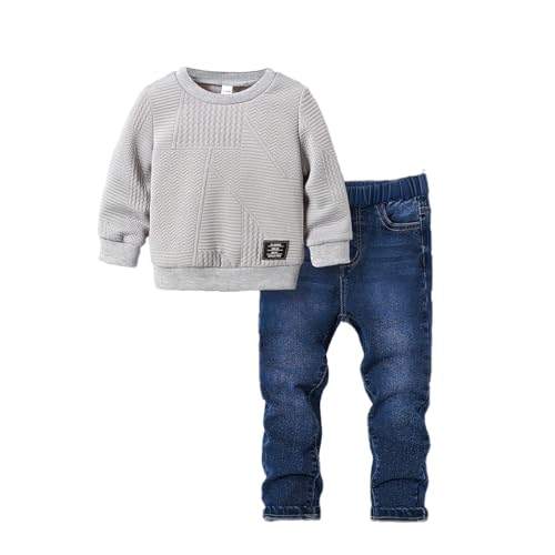 Asbabiy Boys' 2 Piece Outfit: Classic Hooded Sweatshirt with Rib - Knit Cuffs/Hem & Denim Jeans with Pockets Set, 4-8Y (Gray-C,4Y(36-39IN))