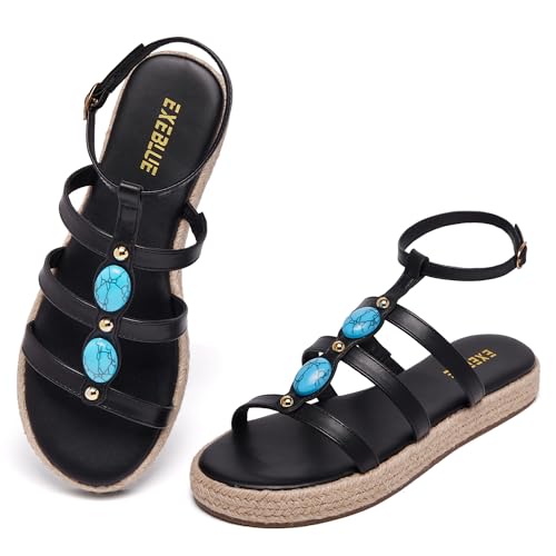 Image of Women's Bohemian Espadrille Platform Sandals,Open Toe Wedge Sandals with Turquoise Decor, Adjustable Ankle Buckle, Summer Beach Shoes