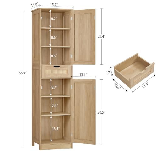 Image of TEENFON 66.9 inch H Tall Storage Cabinet with 2 Rattan Doors and 1 Drawer, Narrow Rattan Cabinet with Adjustable Shelves, for Living Room, Entryway, Kitchen, Natural
