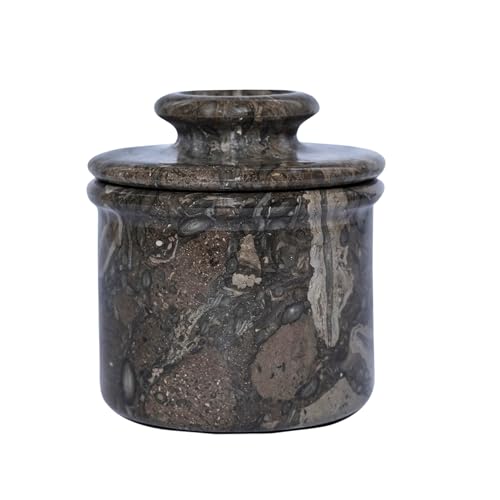 Oceanic - Mantequera de mármol gris de 4 pulgadas con tapa, recipiente de almacenamiento de mantequilla hecho a mano, utensilios de cocina elegantes para mantequilla suave y untable