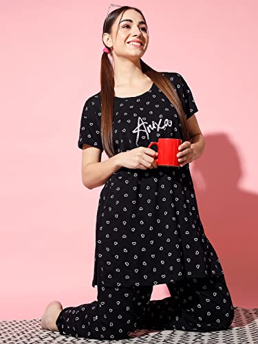 Image of Printed Round Neck Short Sleeve Nightsuit Set | Casual Night Dress for Women