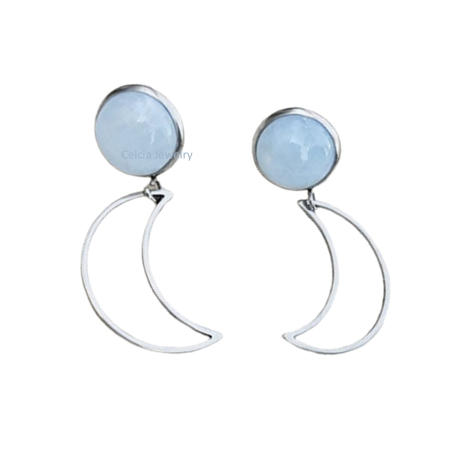 Halbmond-Ohrstecker aus reinem 925er Sterlingsilber für Frauen, echter Labradorit, runder Edelstein, minimale Ohrringe, schöner handgefertigter Schmuck