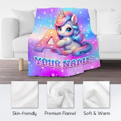Unicorn Blanket for Kids - Personalized Girls Blankets with Name - Custom Monogram Gift for Children - Soft Flannel Initial Throw for Couch, Bed